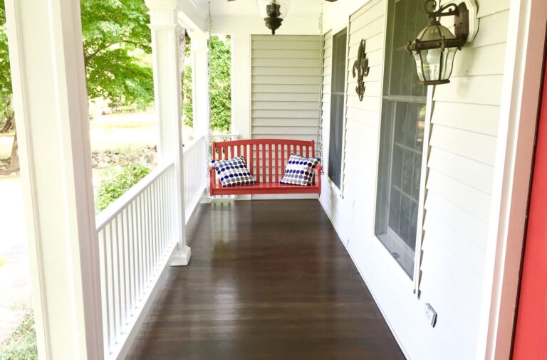 Covered Mahogany Front Porch with HBG Fibercast Posts in Ramsey, Bergen County NJ