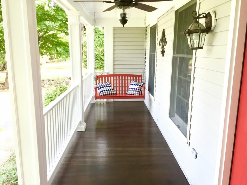 Covered Mahogany Front Porch with HBG Fibercast Posts in Ramsey, Bergen County NJ