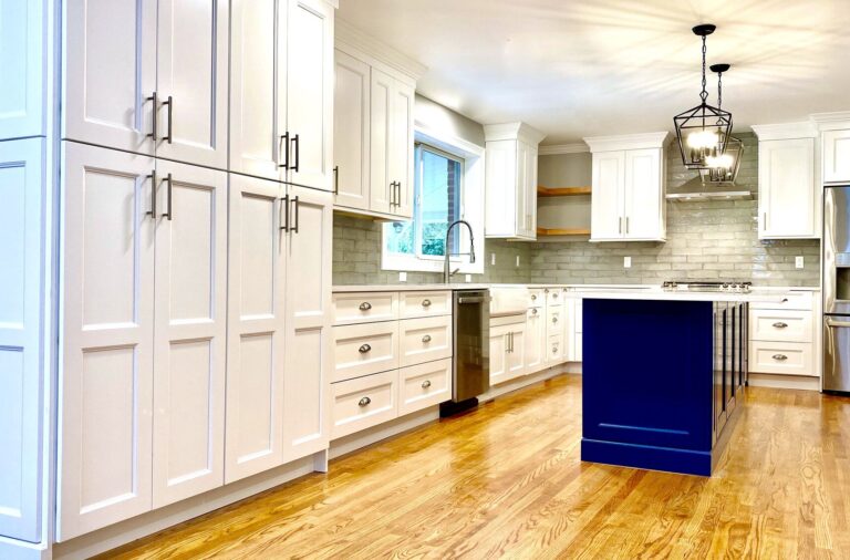 Kitchen Remodel with Wall Removed to Combine Kitchen and Dining, Windows Relocated, Wood Flooring to match existing, Wood Cabinetry with Custom Open Shelving in Bloomfield, Essex County NJ