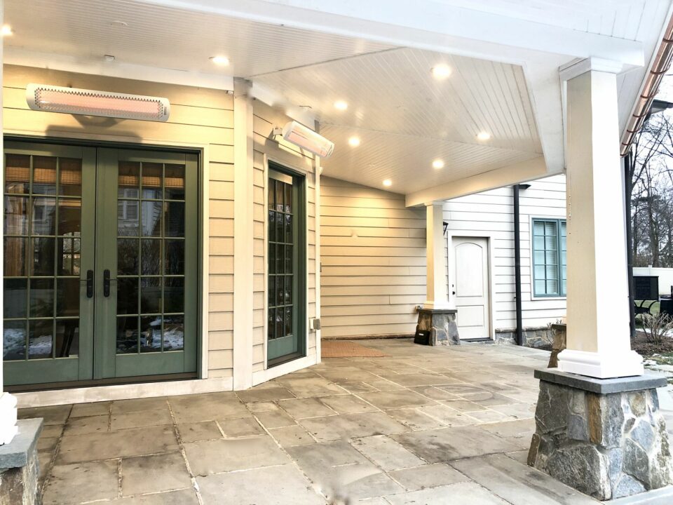 Covered Stone Porch with Azek Grooved Ceiling, Led Lighting, Radiant Heaters, in Madison, Morris County NJ