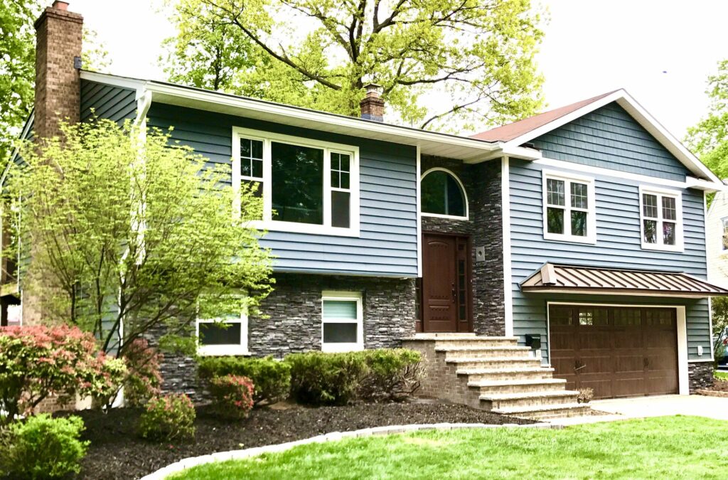 Alside Prodigy Insulated Clapboard 6_ Siding, Mezzo Windows, Boral Profit Stone, Therma-Tru Entry Door, Metal Roof Overhang in Morristown, Morris County NJ