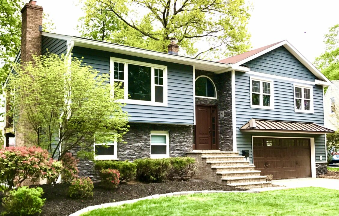 Alside Prodigy Insulated Clapboard 6_ Siding, Mezzo Windows, Boral Profit Stone, Therma-Tru Entry Door, Metal Roof Overhang in Morristown, Morris County NJ
