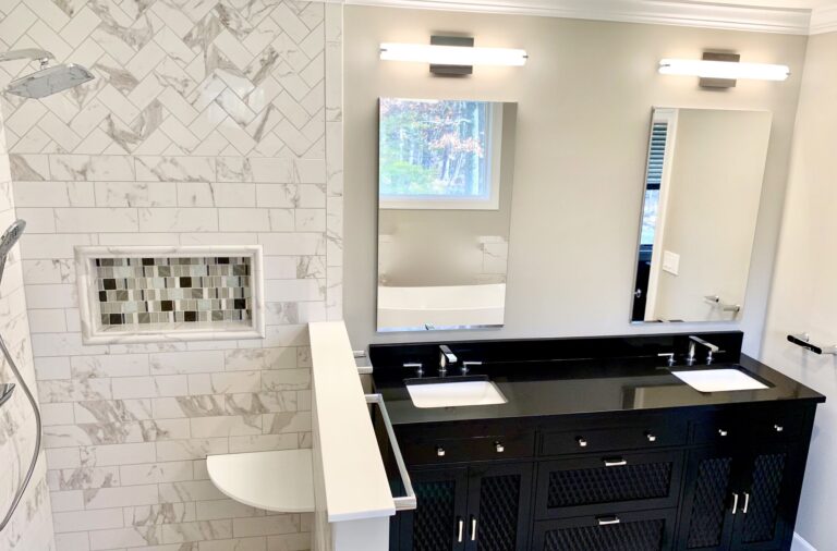 Black High Gloss Vanity, Custom Shower with Floating Bench in South Orange, Essex County NJ