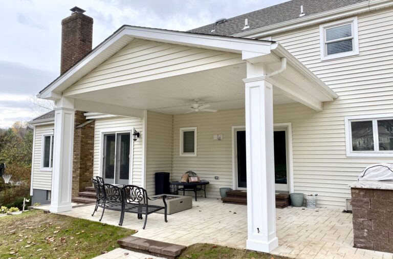 Portico Covered Cambridge Paver Patio, Charter Oak Siding, GAF Roofing in Upper Saddle River, Bergen County NJ