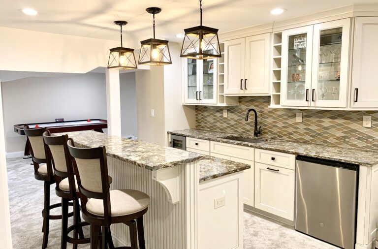 Basement Wet bar with Fabuwood Cabinetry, Stone Tops, Undermount Sink and Beverage Center in Somerset County NJ