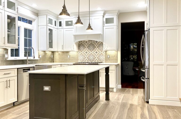 Custom Kitchen Reno with Brighton Cabinetry, Quartz Tops, Glass Tile Backsplash, Porcelain Tile Floor, LED Under-Cabinet Lighting In Central NJ