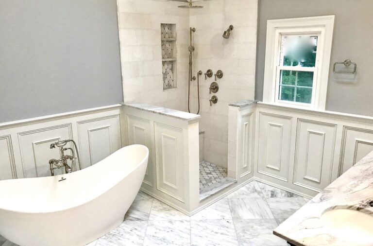Freestanding Tub, Shower with Overhead, Marble Floor, Millwork Paneled Walls, Floor Mounted Filler in Basking Ridge, Somerset County NJ