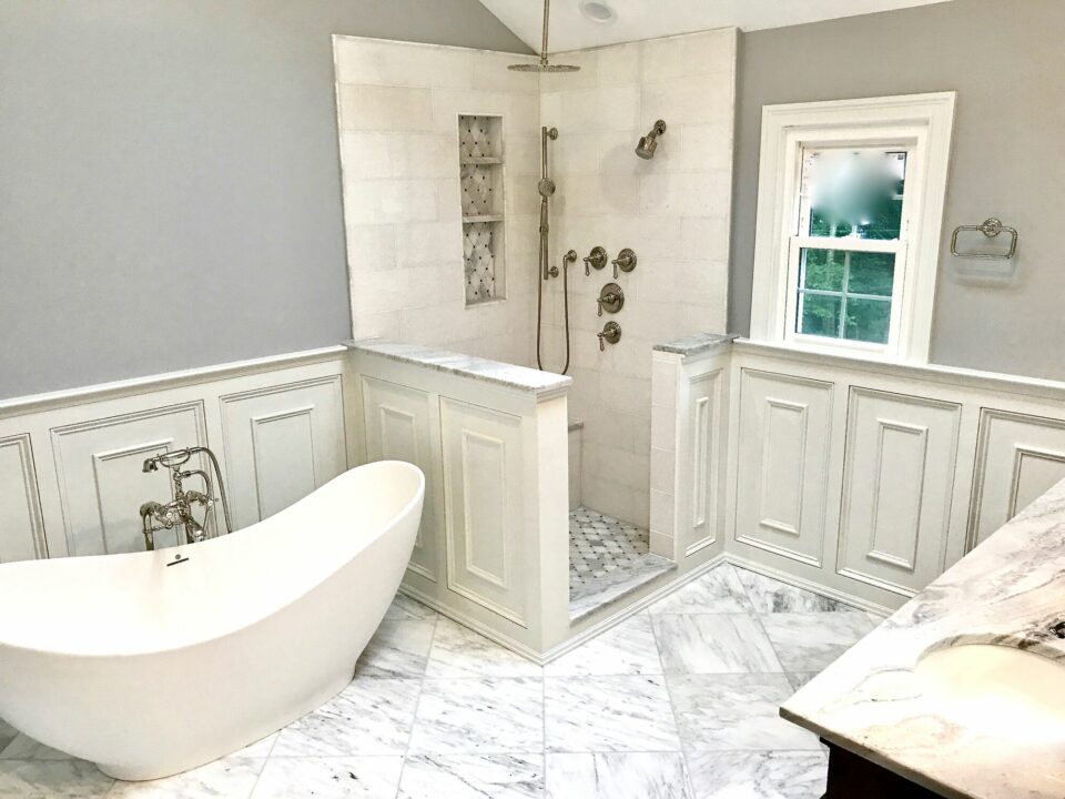 Freestanding Tub, Shower with Overhead, Marble Floor, Millwork Paneled Walls, Floor Mounted Filler in Basking Ridge, Somerset County NJ