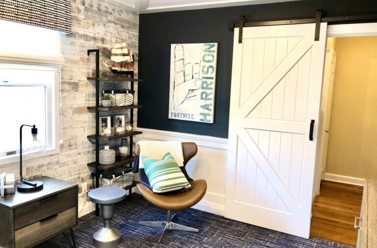 Bedroom Remodeling with Barn Door, Wood Paneling and Trim, Stickwood, New Flooring in Union NJ