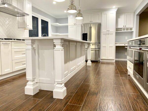Shaker Style Cabinets, Island with Seating, Open Seating, Tile Flooring in Montville, Morris County NJ