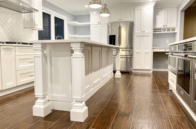 Shaker Style Cabinets, Island with Seating, Open Seating, Tile Flooring in Montville, Morris County NJ