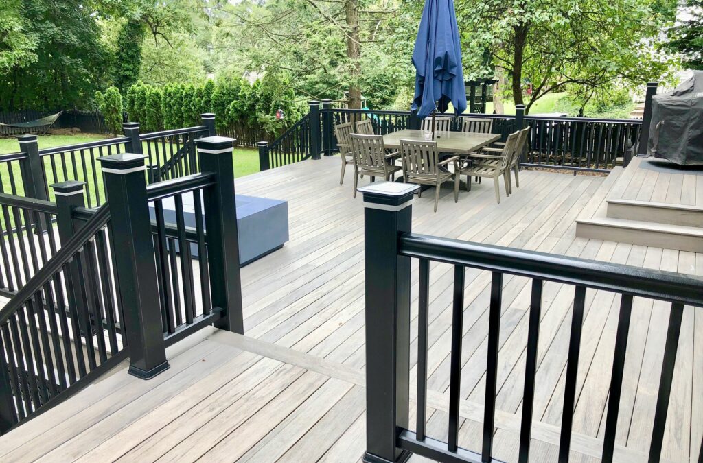TimberTech Pro Legacy Collection Ashwood Color Decking with Black Radiance Rails, LED Post Cap Lighting in Glen rock, Bergen County NJ