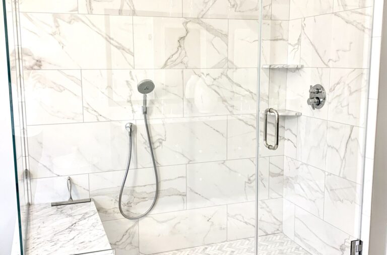 Kohler Kallista Satin Nickel Rainshower, Porcelain 12 x 24 Tiles, 1 x 3 Herringbone Shower Floor in Sparta, Sussex County NJ
