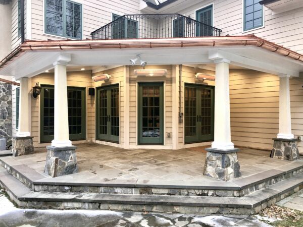Covered Stone Porch with Copper Roof, Led Lighting, Radiant Heaters, HBG Craftsman Columns in Madison, Morris County NJ