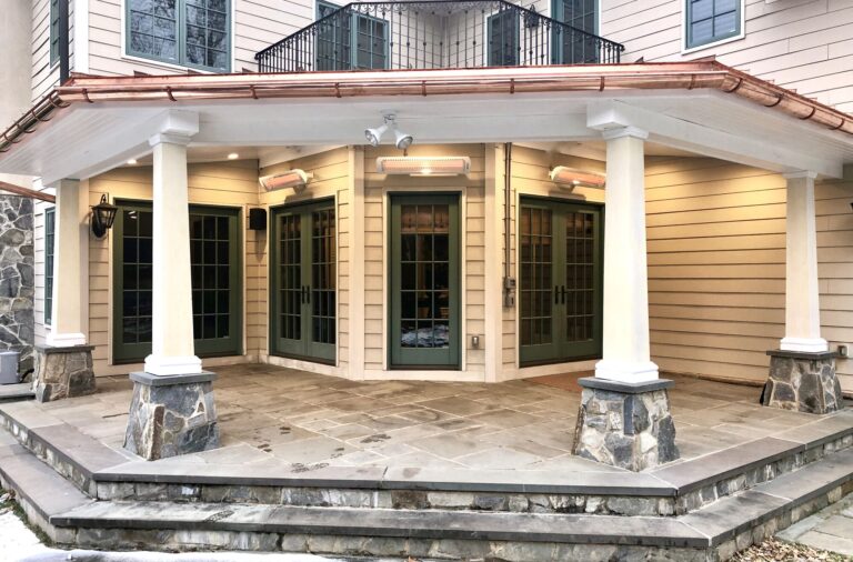 Covered Stone Porch with Copper Roof, Led Lighting, Radiant Heaters, HBG Craftsman Columns in Madison, Morris County NJ