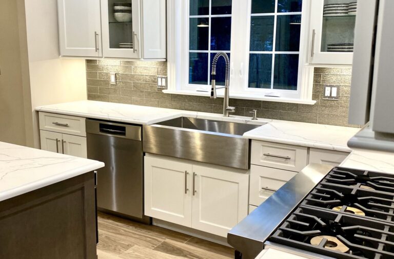 Large Window and Transom over Sink, Stainless Stel Farmhouse Sink, Custom Wood Cabinetry, Viking Appliances in Somerset NJ