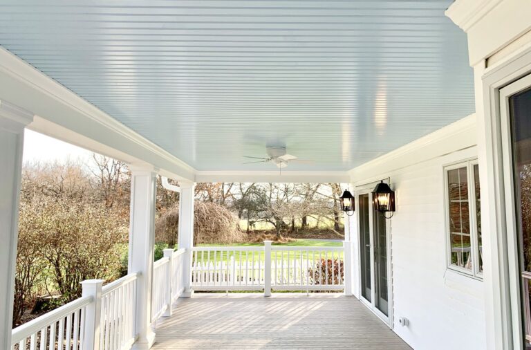 Covered Porch with Azek Composite Grooved Decking, Timbertech Radiance Rails, Grooved Ceiling in Washington, Warren County NJ