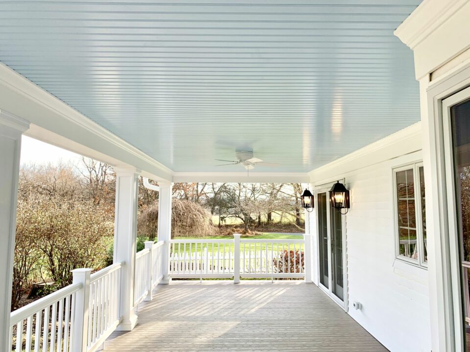 Covered Porch with Azek Composite Grooved Decking, Timbertech Radiance Rails, Grooved Ceiling in Washington, Warren County NJ