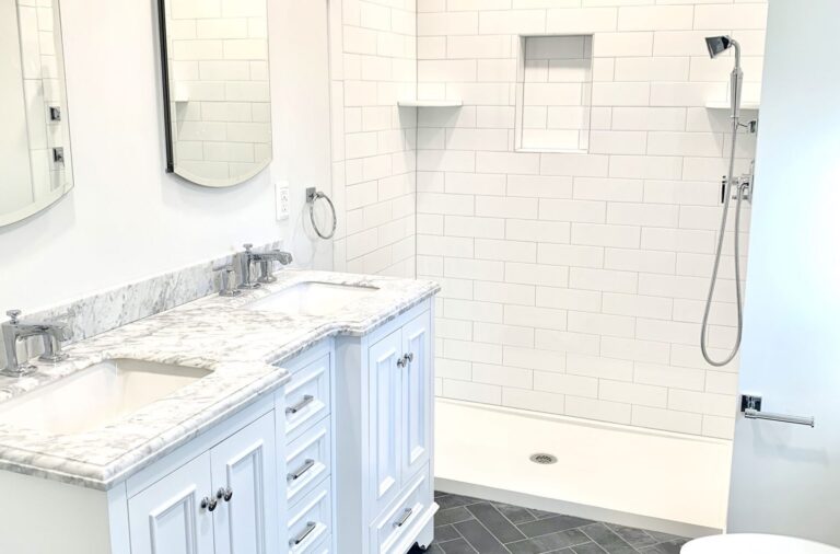 Fixture Bath with Wood Vanity and Marble Top, Subway Tiled Shower Wall in West Caldwell, Essex County NJ