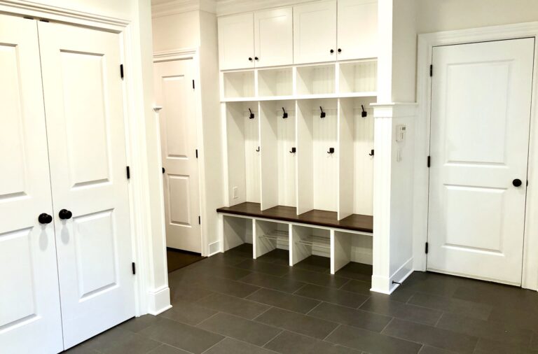 Porch Mudroom Addition with Custom Bench and Cubbies in Haworth, Bergen County NJ