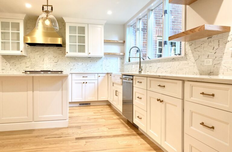 New Kitchen in Essex County NJ with Open Shelving, White Shaker Cabinets, Oak Flooring