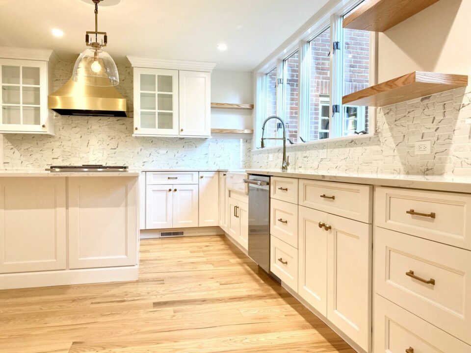New Kitchen in Essex County NJ with Open Shelving, White Shaker Cabinets, Oak Flooring