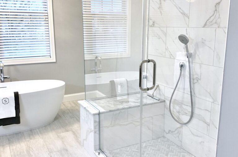 Calacatta Porcelain 12 x 24 Tile with Natural Stone Bench Top in North NJ