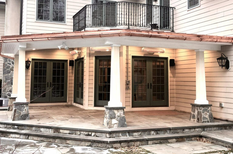 Covered Porch Build with Copper Roofing HBG Fibercast Posts Azek Trim Lighting Electric Radiant Heating in Madison Morris County NJ