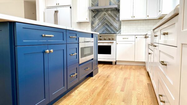 Custom Color Blue Island, Herringbone Tile and Subway Backsplash, GE Cafe Appliances in Berkeley Heights, Union County NJ