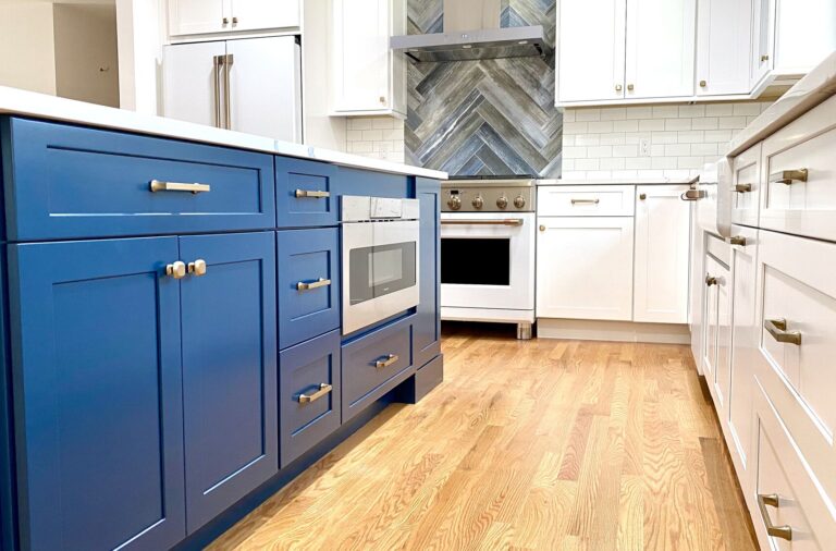 Custom Color Blue Island, Herringbone Tile and Subway Backsplash, GE Cafe Appliances in Berkeley Heights, Union County NJ
