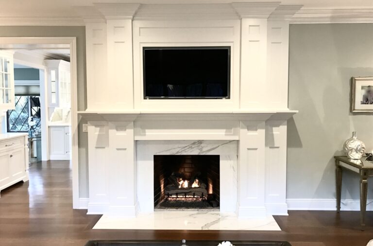 Livingroom Remodeling with 8 Wide Plank White Oak Rift Only Flooring, Custom Millwork with Calacatta Stone in NJ
