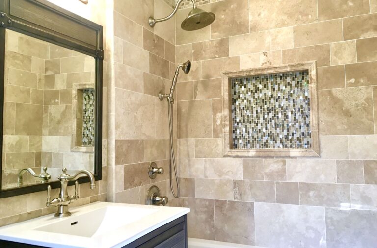 Short Hills Bath with Porcelain and Glass Tile, Kohler Fixtures in Satin Nickel Finish