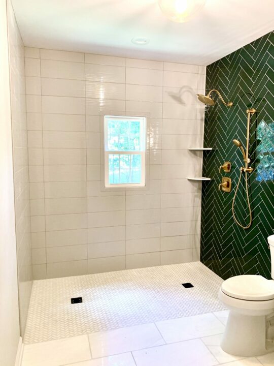 Zero Clearance Shower Floor, Herringbone Glass Tile Accent Wall, Polished Gold Faucets in Green Brook, Middlesex County NJ