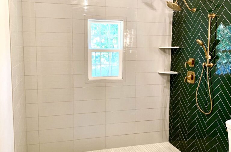 Zero Clearance Shower Floor, Herringbone Glass Tile Accent Wall, Polished Gold Faucets in Green Brook, Middlesex County NJ