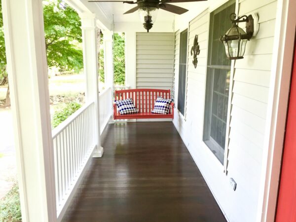 Covered Mahogany Wood Porch with HBG Fibercast Recessed Panel Posts in Ramsey, Bergen County NJ