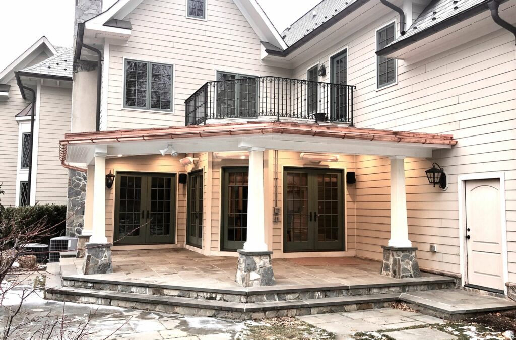 Covered Stone Porch with Copper Roof, Azek Composite Beaded Ceiling, Radiant Heaters in Madison, Morris County NJ