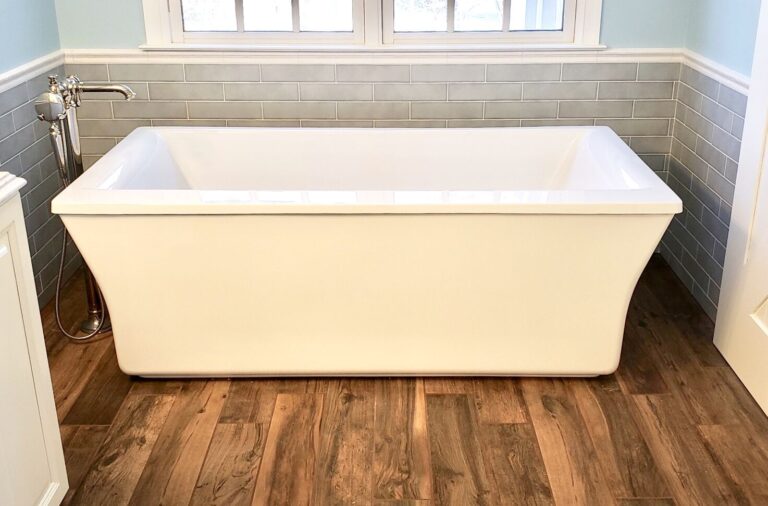 Freestanding Tub, Wood Plank Tile, Porcelain Subway Tile in North NJ
