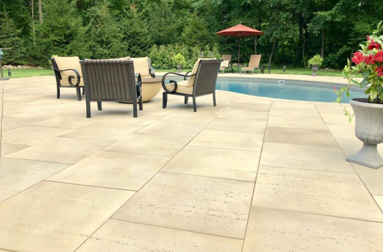 Techo-Bloc Travertina 30×30 Paver Patio with Matching Pool Coping in Sussex County NJ