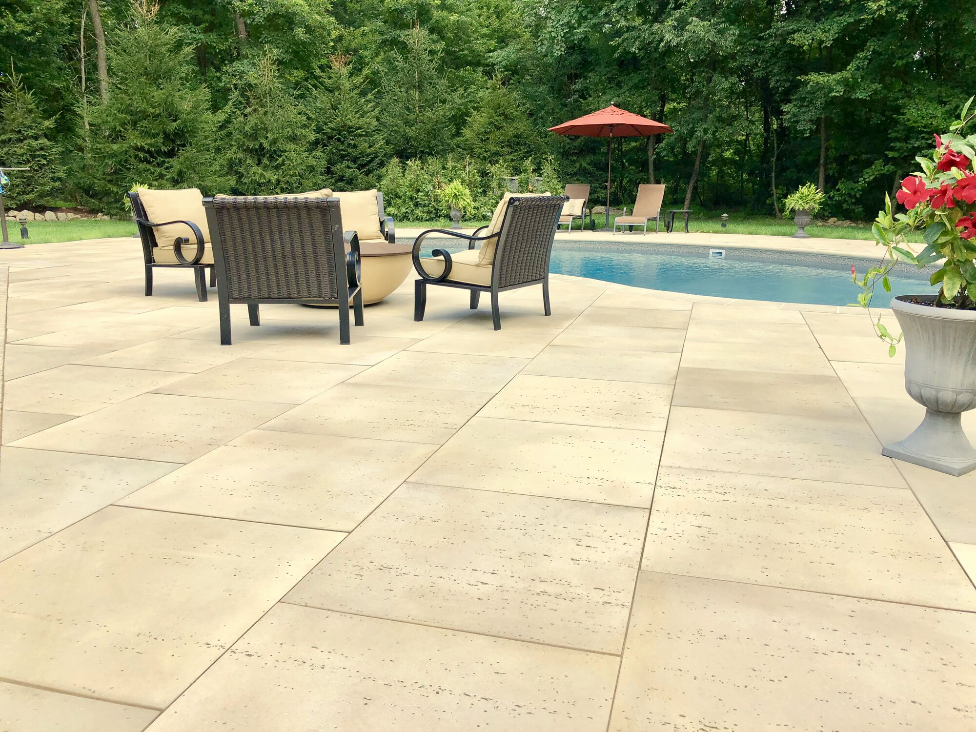 Techo-Bloc Travertina 30×30 Paver Patio with Matching Pool Coping in Sussex County NJ