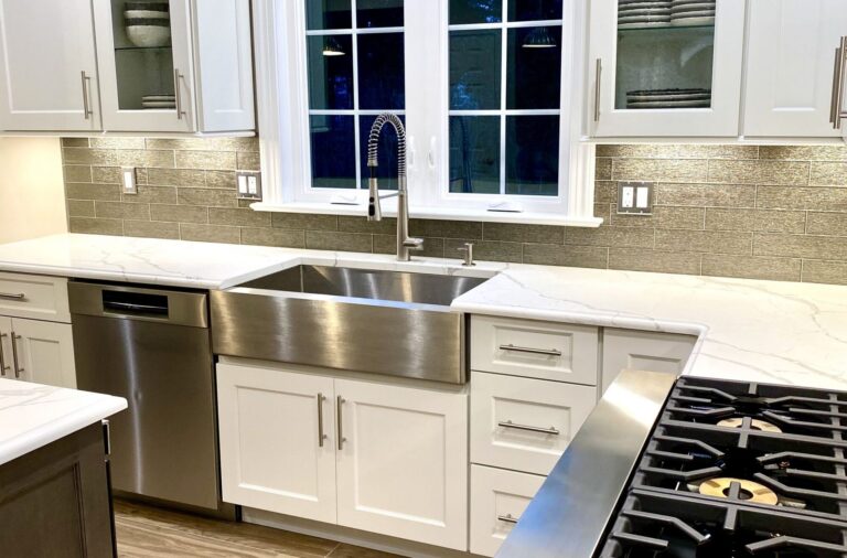 Brighton Wood Cabinets with Glass Doors, Quartz Countertops _ Glass Backsplash in Somerset NJ