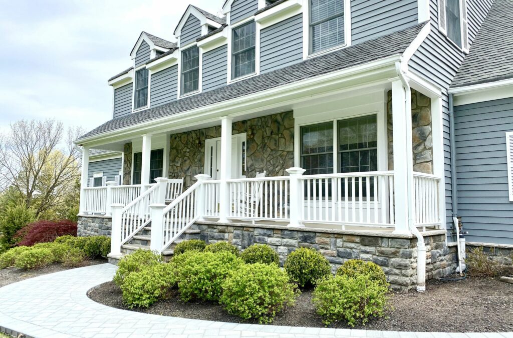 Front Porch with Cultured Stone, Azek Posts and Rails, Cambridge Paver Walkway in Hillsborough, Somerset County NJ