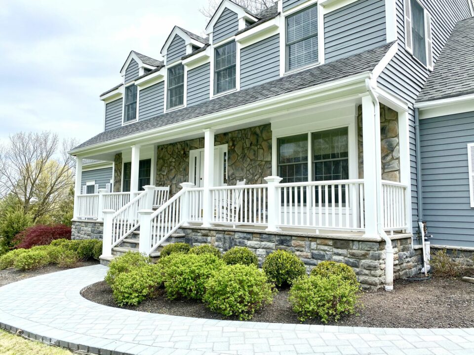 Front Porch with Cultured Stone, Azek Posts and Rails, Cambridge Paver Walkway in Hillsborough, Somerset County NJ