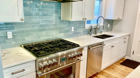 Kitchen Remodeling including Ripping Wall to Enlarge, Full Overlay Wood Cabinetry, Quarts Countertops, Glass Backsplash, Designer Appliances in Bergen County NJ