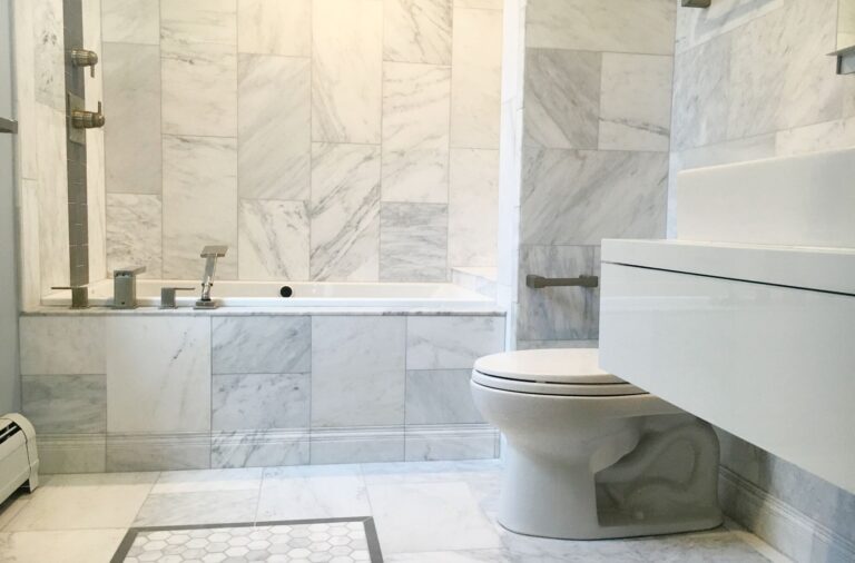 Marble Master Bath with Drop In Tub, Deck Mounted Tub Faucet, Floating Vanity in Fort Lee, Hudson County NJ