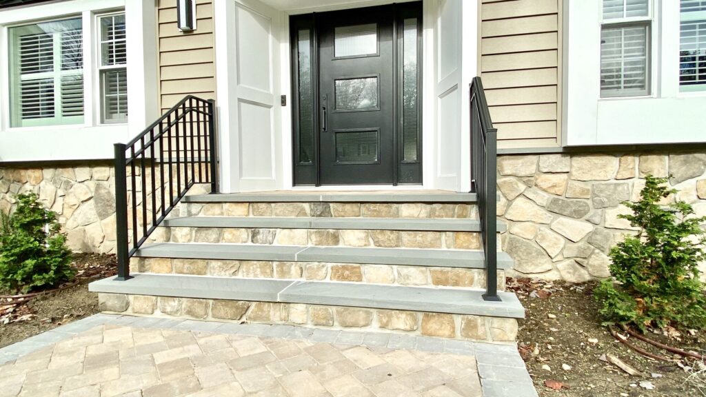 Masonry Front Steps with Dressed Fieldstone Veneers and Bluestone Treads in Randolph, Morris County NJ