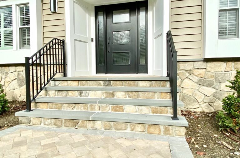 Masonry Front Steps with Dressed Fieldstone Veneers and Bluestone Treads in Randolph, Morris County NJ