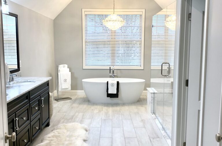 Porcelain Plank Tile Flooring, Fleurco Freestanding Tub, Kohler Fixtures in Sussex County NJ