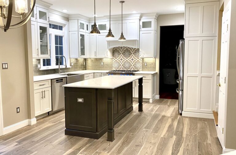 Custom Kitchen with Brighton Cabinetry, Quartz Tops, Glass Tile Backsplash, Porcelain Tile Floor, LED Undercabinet Lighting In Somerset, Somerset County NJ