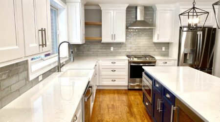 Kitchen Renovation with Open Shelving, Glazed Porcelain Backsplash, Custom Blue Island in Bloomfield, Essex County NJ