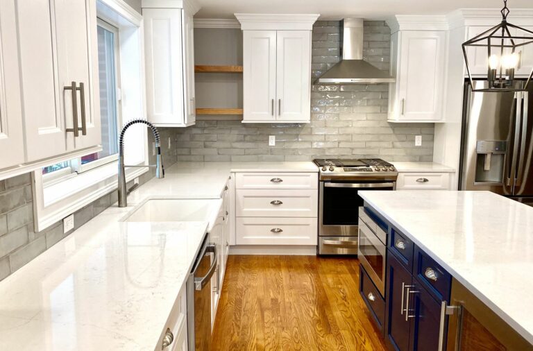 Kitchen Renovation with Open Shelving, Glazed Porcelain Backsplash, Custom Blue Island in Bloomfield, Essex County NJ